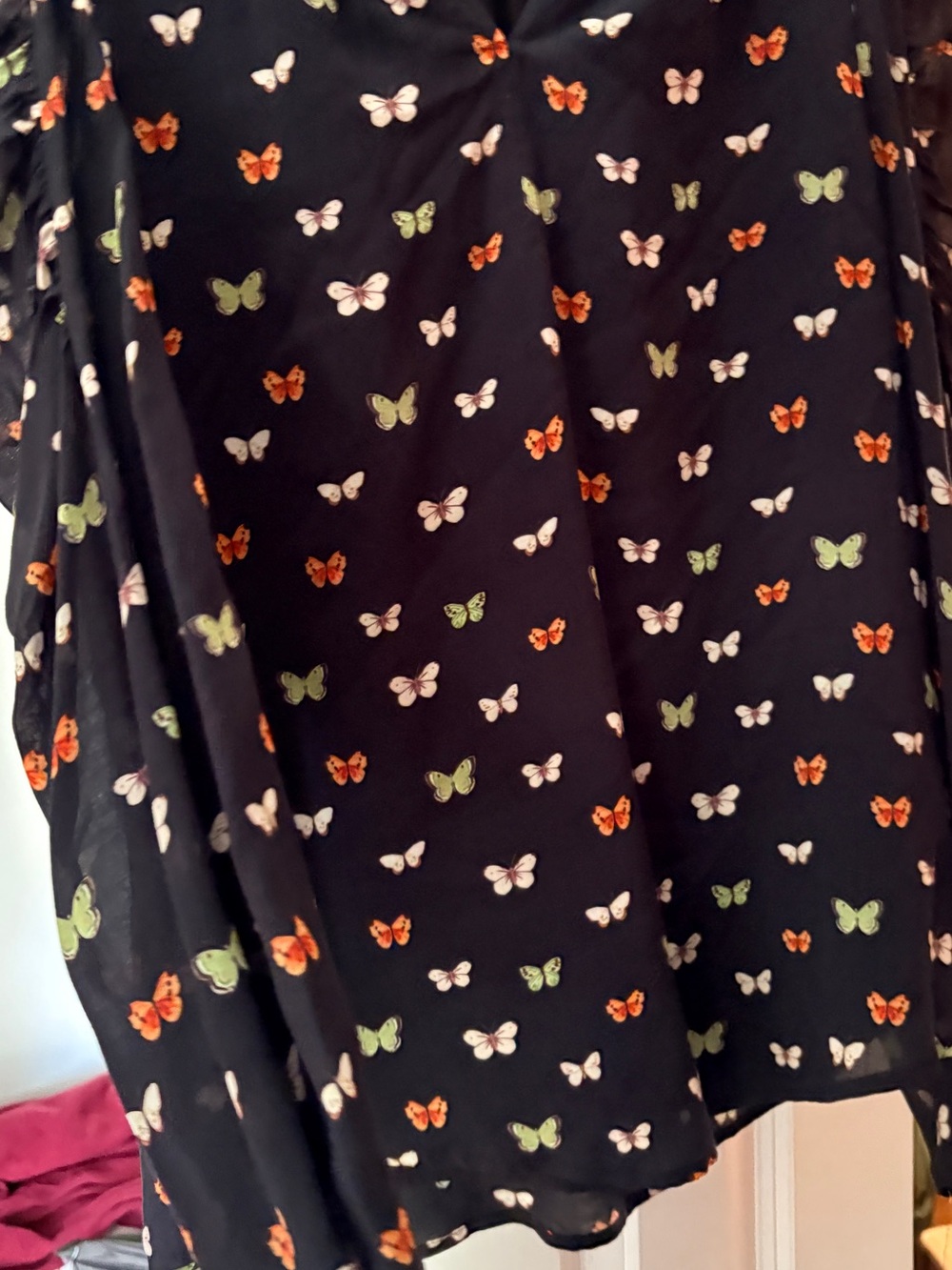 Butterfly Print Puff Sleeve Blouse - Black with Green, Red & White Butterflies - Picture 2 of 6